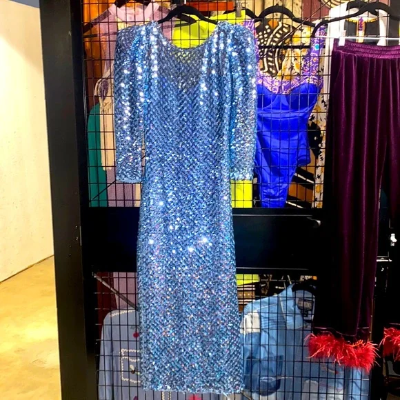Dresses | Vintage Glam Full Sequin Knit Maxi Dress Wpuff Sleeves | Poshmark